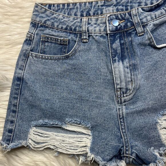 SHEIN High Waist Distressed Cut Off shorts Medium Wash Size Small - Picture 2 of 3